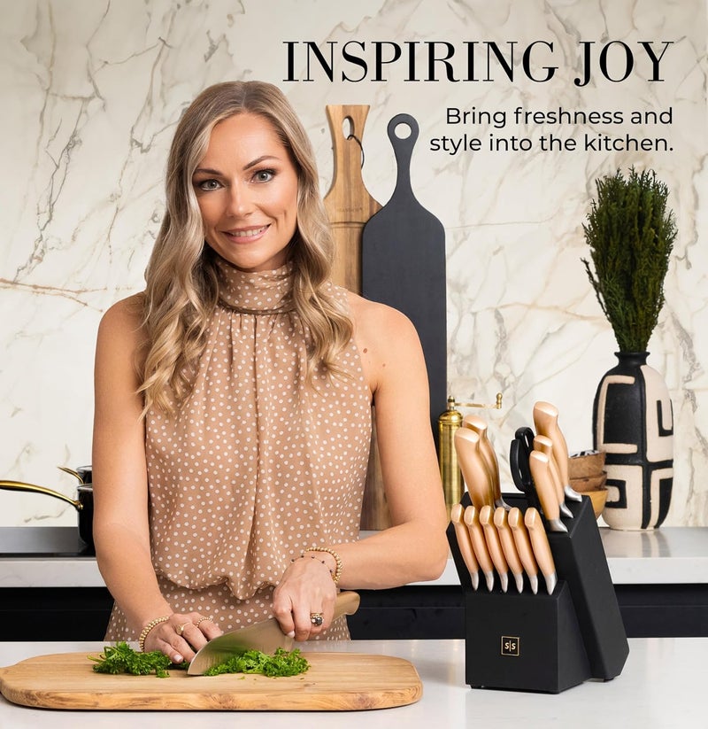 styled settings Black and Gold Knife Set for Kitchen with Block – 14-Piece Ultra-Sharp Stainless Steel Knives with Gold Handles and Built-In Sharpener – Stylish Kitchen Accessories for Cooking and Decor - Image 3